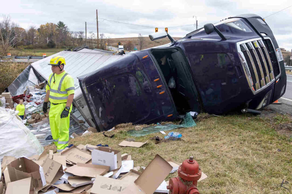 Truck accident scene showing an overturned commercial vehicle, debris, and first responders—crucial visual evidence for personal injury claims.