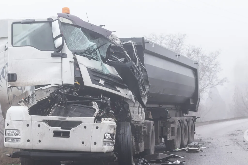 Severe truck accident with damaged front, broken windshield, and scattered debris on road